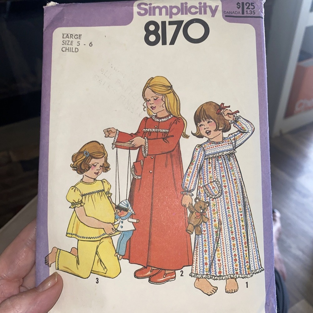 Vintage 1977 Simplicity 8170 Sewing Pattern Size 5-6 Nightgown Pajamas Robe Cut